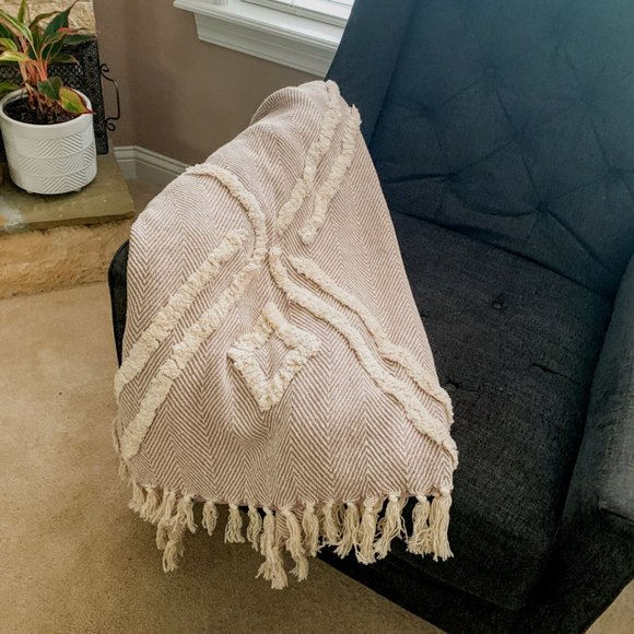 Diamond Tufted Throw Blanket / Beige & Cream / Cotton Throw Blanket / 60"x50" - Picture 7 of 11